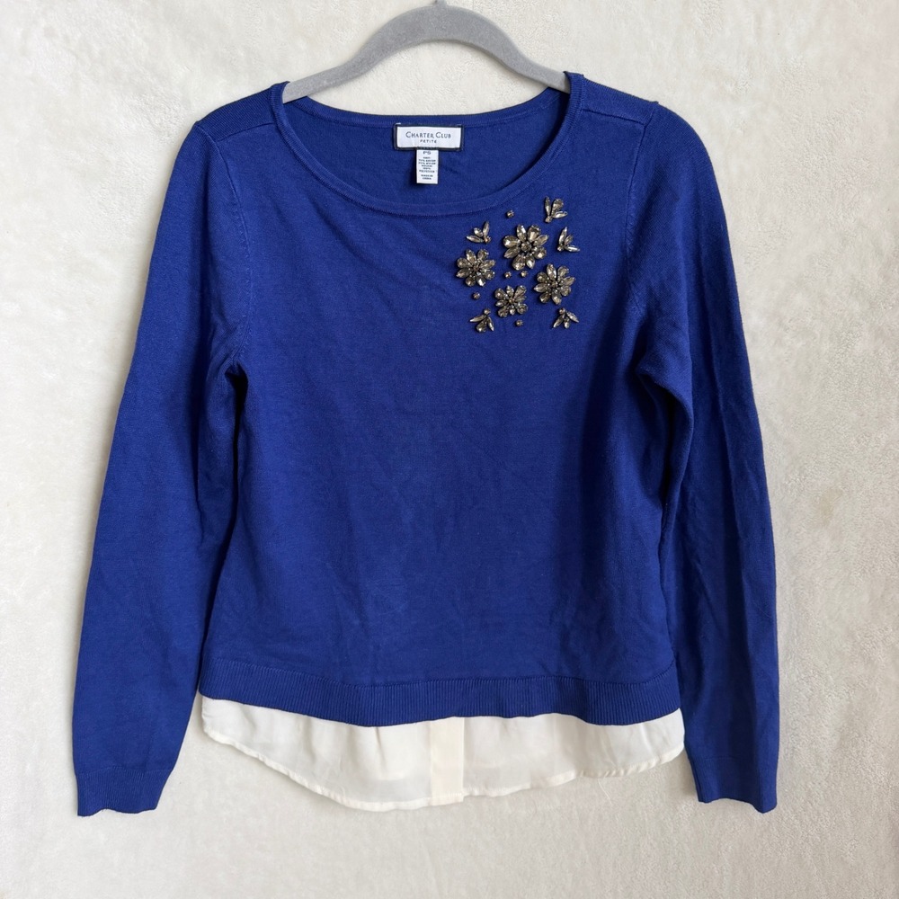 Charter Club Petite Royal Blue Jeweled Layered Look Sweater Size PS Brooch Trim